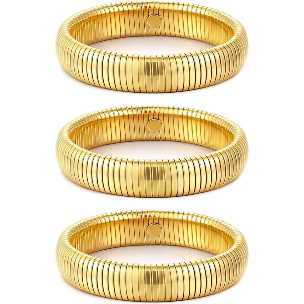 Gold Bangle Set 3 Chunky Stretch 24K Gold 12mm Plated Stainless Steel Wide Stack